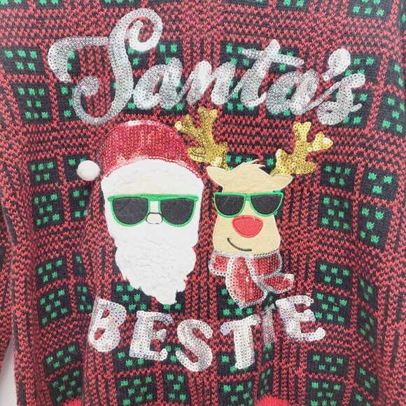 Women's Ugly Christmas Holiday Sweater Santa's Bestie Santa & Rudolph Size M - Picture 5 of 15